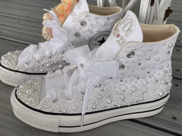 Mid cut, embroidered sneakers, pearl shoes, butterfly wedding Bling sneakers