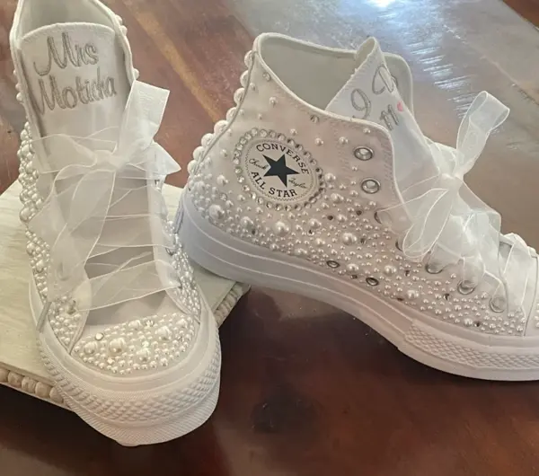 Mid cut, embroidered sneakers, pearl shoes, butterfly wedding Bling sneakers