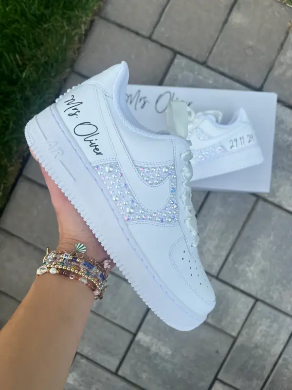 Custom Pearl & Rhinestone Nike Air Force 1 Wedding Sneakers - Personalized Bridal Shoes with Name & Date