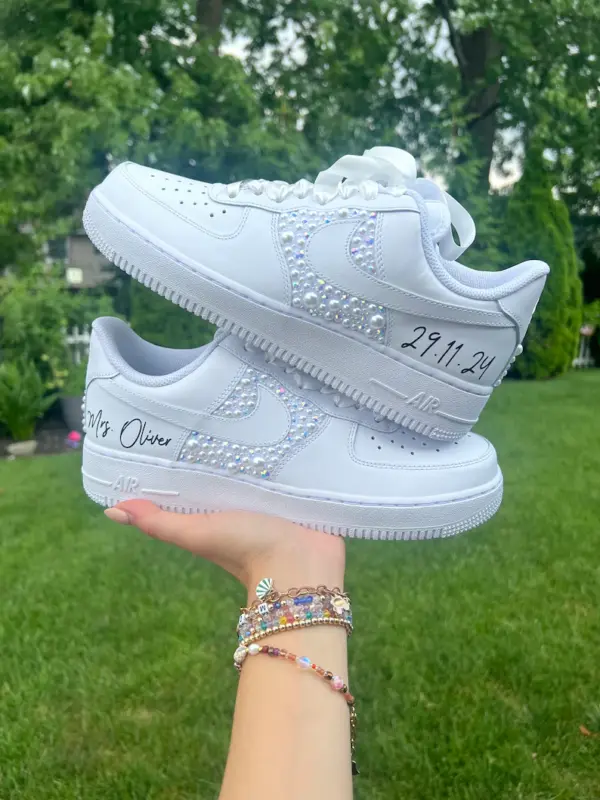 Custom Pearl & Rhinestone Nike Air Force 1 Wedding Sneakers - Personalized Bridal Shoes with Name & Date