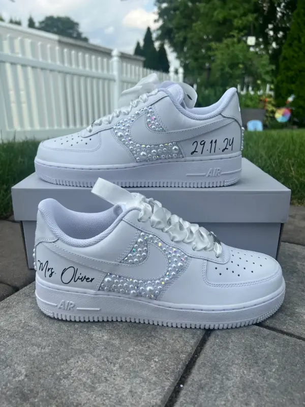 Custom Pearl & Rhinestone Nike Air Force 1 Wedding Sneakers - Personalized Bridal Shoes with Name & Date