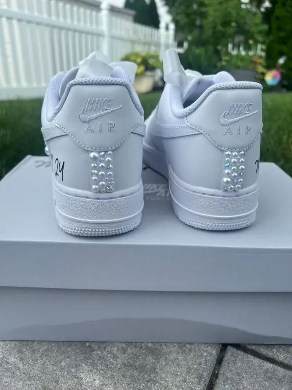 Custom Pearl & Rhinestone Nike Air Force 1 Wedding Sneakers - Personalized Bridal Shoes with Name & Date