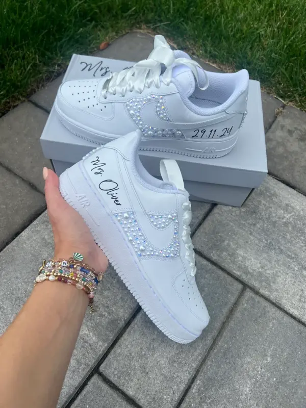 Custom Pearl & Rhinestone Nike Air Force 1 Wedding Sneakers - Personalized Bridal Shoes with Name & Date