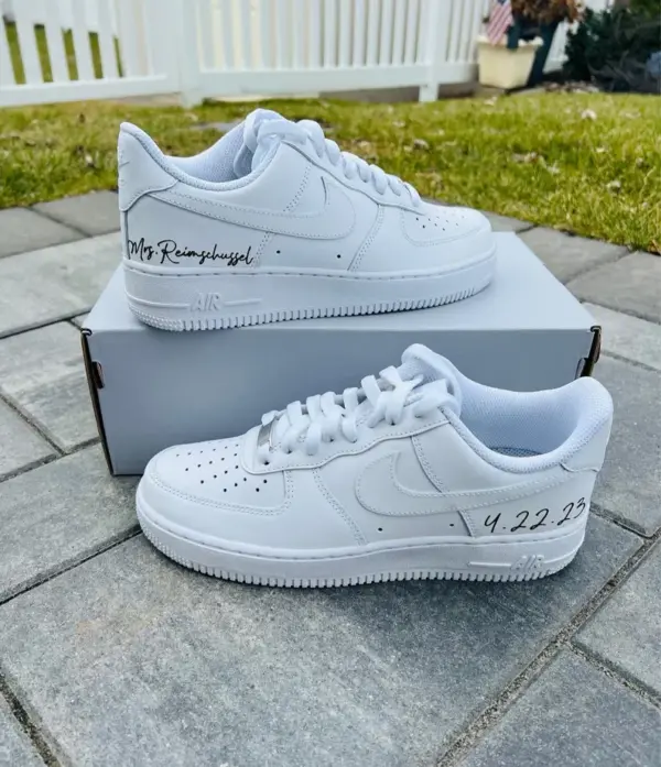 Custom Pearl & Rhinestone Nike Air Force 1 Wedding Sneakers - Personalized Bridal Shoes with Name & Date