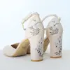 Comfortable Ivory Block Heel Pumps with Blue Floral Embroidery - Ankle Strap Bridal Shoes