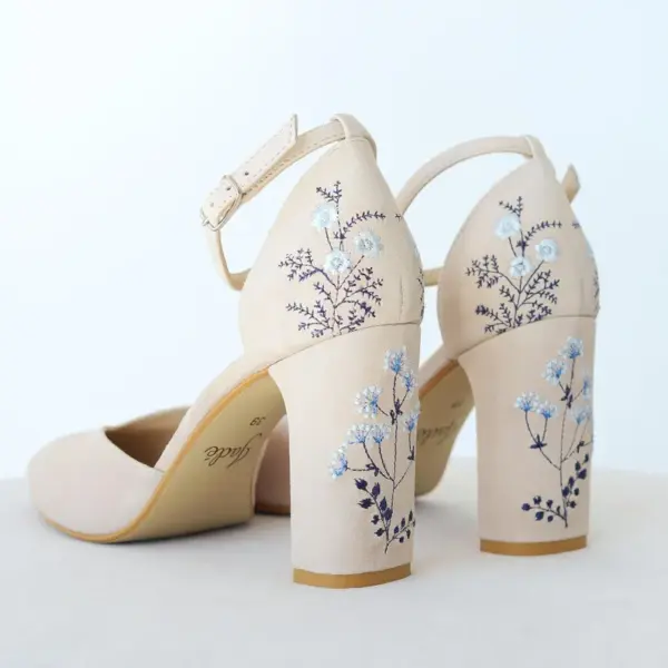 Comfortable Ivory Block Heel Pumps with Blue Floral Embroidery - Ankle Strap Bridal Shoes
