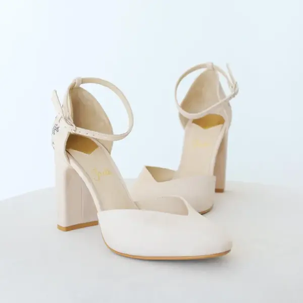Comfortable Ivory Block Heel Pumps with Blue Floral Embroidery - Ankle Strap Bridal Shoes