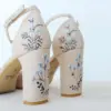 Comfortable Ivory Block Heel Pumps with Blue Floral Embroidery - Ankle Strap Bridal Shoes