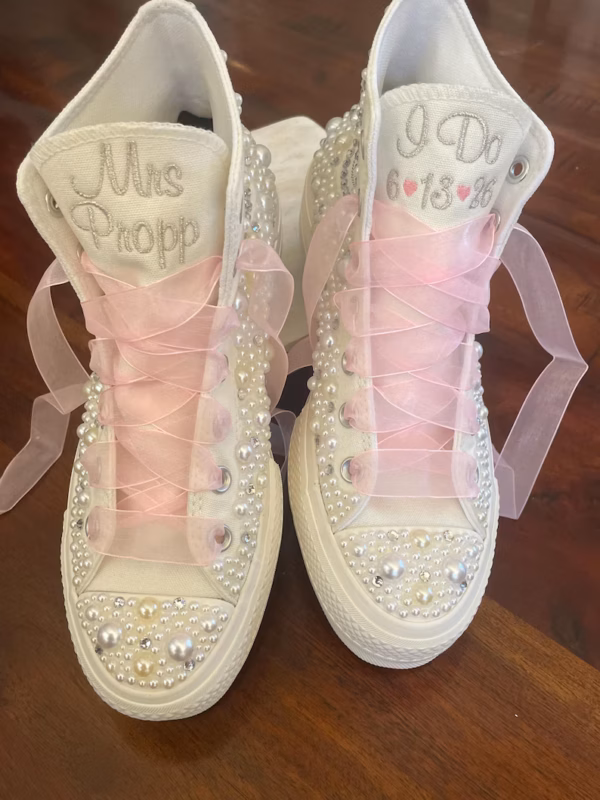 Mid cut, embroidered sneakers, pearl shoes, butterfly wedding Bling sneakers