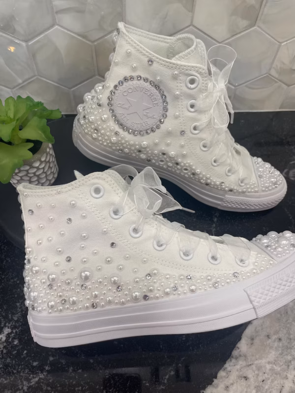 Mid cut, embroidered sneakers, pearl shoes, butterfly wedding Bling sneakers