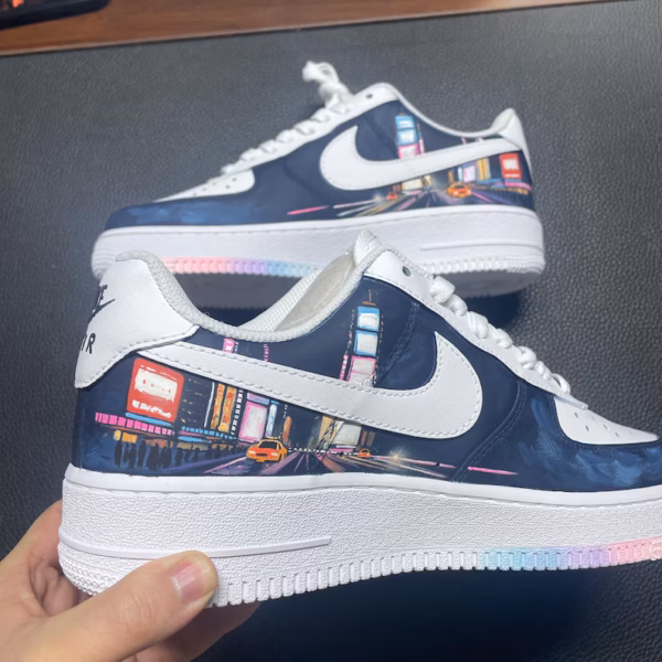 Custom NYC Times Square Night Scene Nike Air Force 1 - Hand-Painted City Lights Sneakers
