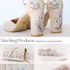Comfortable Ivory Block Heel Pumps with Blue Floral Embroidery - Ankle Strap Bridal Shoes
