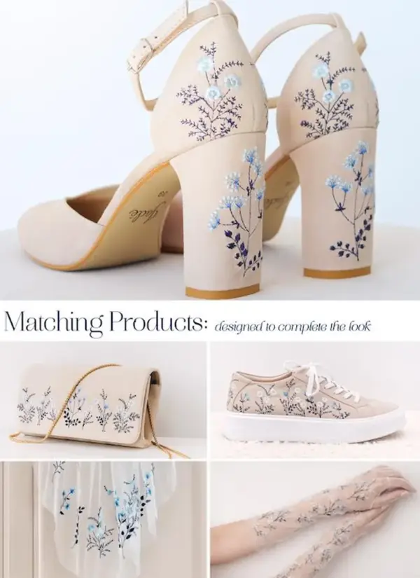 Comfortable Ivory Block Heel Pumps with Blue Floral Embroidery - Ankle Strap Bridal Shoes