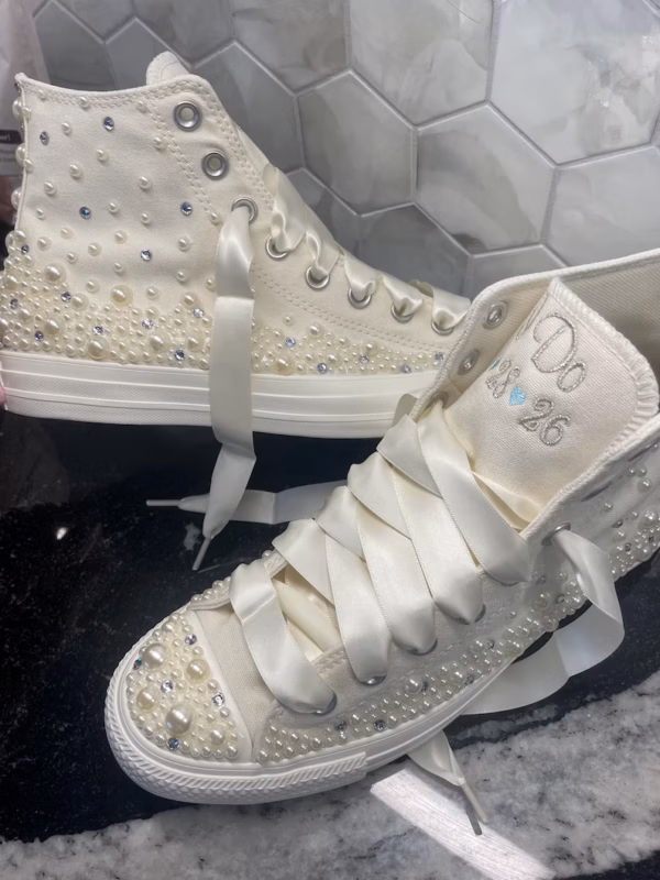 Mid cut, embroidered sneakers, pearl shoes, butterfly wedding Bling sneakers