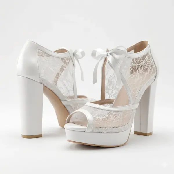 Open toed wedding shoes, pearl lace platform bridal shoes, chunky high heels