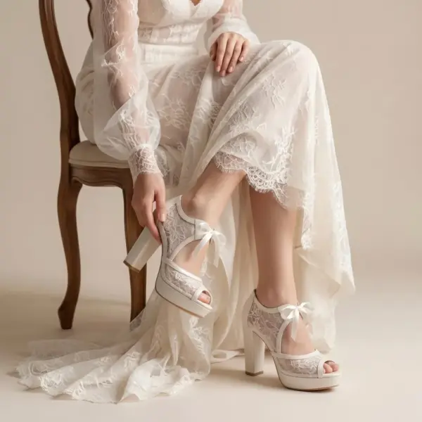Open toed wedding shoes, pearl lace platform bridal shoes, chunky high heels