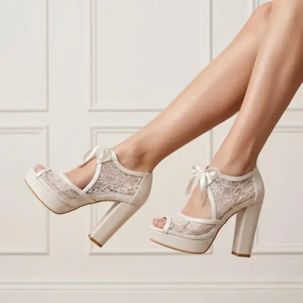 Open toed wedding shoes, pearl lace platform bridal shoes, chunky high heels