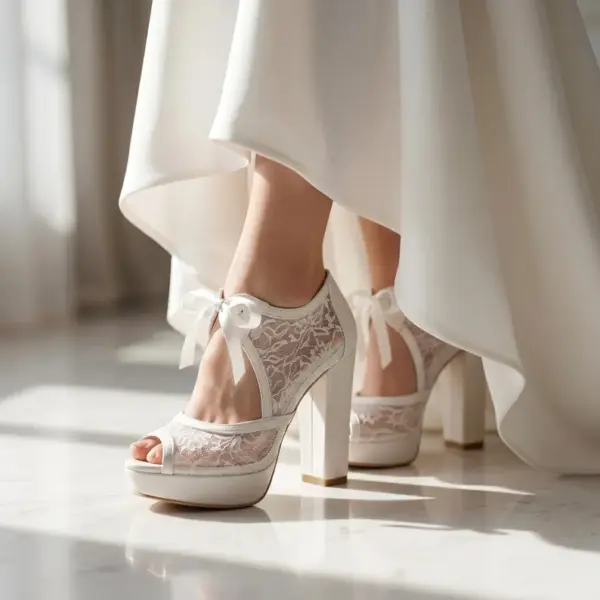 Open toed wedding shoes, pearl lace platform bridal shoes, chunky high heels