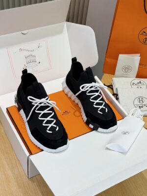 Hermès Black Knit and Suede Low-Top Sneakers with White Laces and Treaded Sole