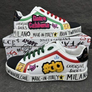 Dolce & Gabbana Graffiti Patch White Leather Sneakers, Italy-Made Street Style Casual Shoes