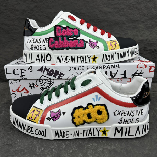 Dolce & Gabbana Graffiti Patch White Leather Sneakers, Italy-Made Street Style Casual Shoes