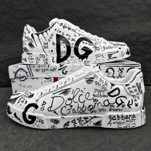 Portofino series Napa calf leather sneakers adorned with logo graffiti patchwork D&G Full Black Graffiti Logo Print White Leather Low Top Casual Sneakers