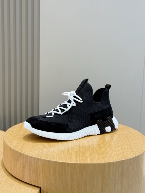 1 Hermès Black Knit and Suede Low-Top Sneakers with White Laces and Treaded Sole