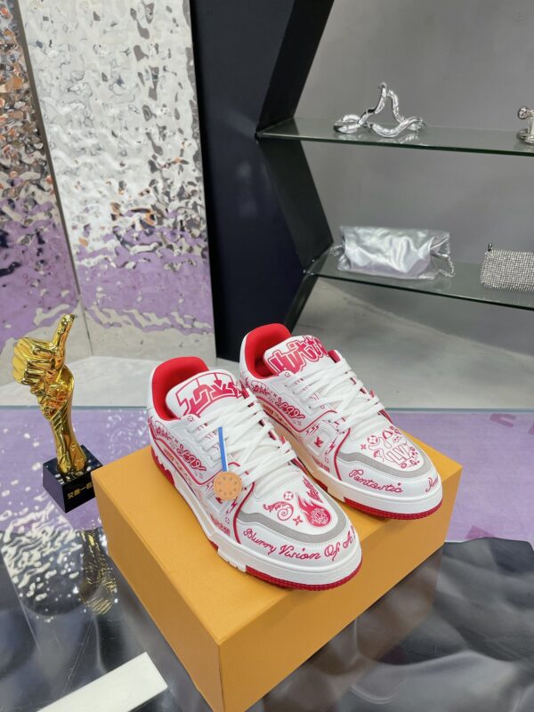 Custom Louis Vuitton LV Trainer White & Red Graffiti Low-Top Sneakers
