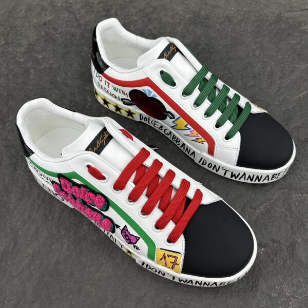 1 Dolce & Gabbana Graffiti Patch White Leather Sneakers, Italy-Made Street Style Casual Shoes
