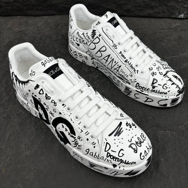1 D&G Full Black Graffiti Logo Print White Leather Low Top Casual Sneakers