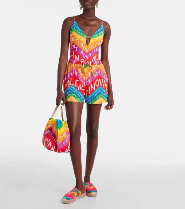 Valentino Rainbow Chevron Logo Print V-Neck One-Piece Swimsuit