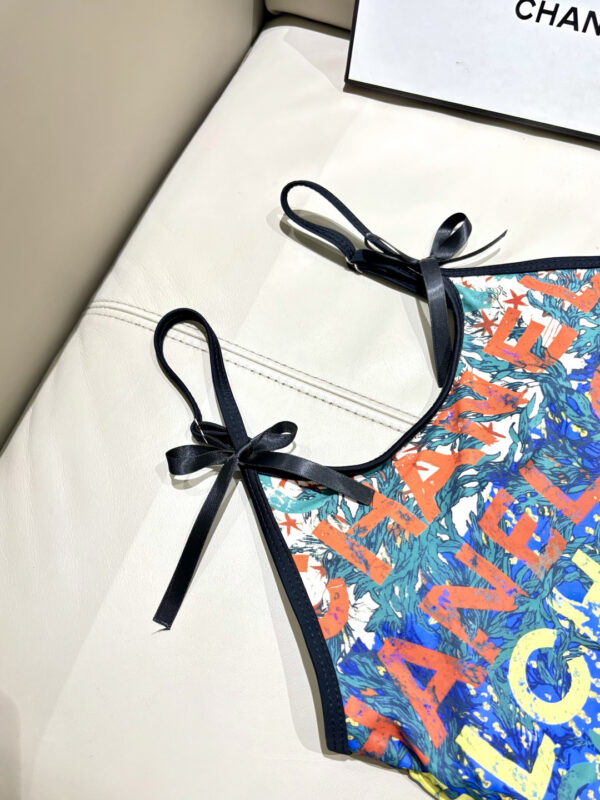 11 Chanel Multicolor Logo Print One-Piece Swimsuit with Bow Straps