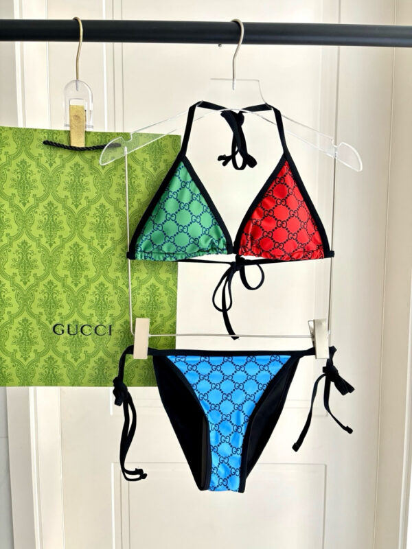 Gucci GG Logo Print Multicolor Triangle Halter Two-Piece Bikini Swimsuit