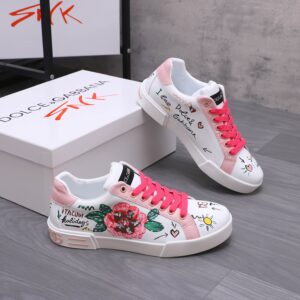 2 Dolce & Gabbana Mismatched Graffiti Floral Print White Leather Low Top Casual Sneakers