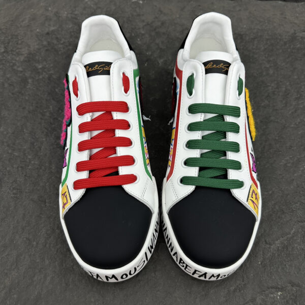 2 Dolce & Gabbana Graffiti Patch White Leather Sneakers, Italy-Made Street Style Casual Shoes
