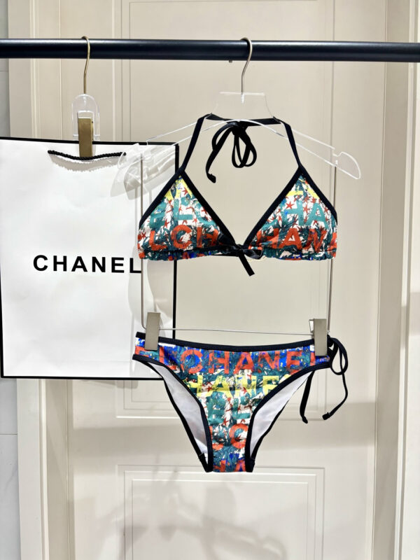 2 Print Halter Triangle Two-Piece Bikini Swimsuit Chanel Multicolor Logo