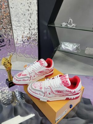 3 (1) Custom Louis Vuitton LV Trainer White & Red Graffiti Low-Top Sneakers