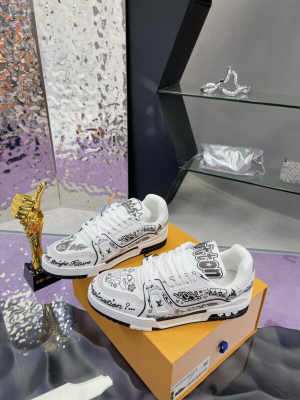 3 Custom LV Trainer White Black Hand Drawn Graffiti Print Luxury Casual Sneakers