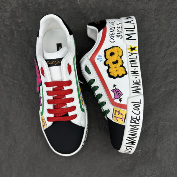 3 Dolce & Gabbana Graffiti Patch White Leather Sneakers, Italy-Made Street Style Casual Shoes