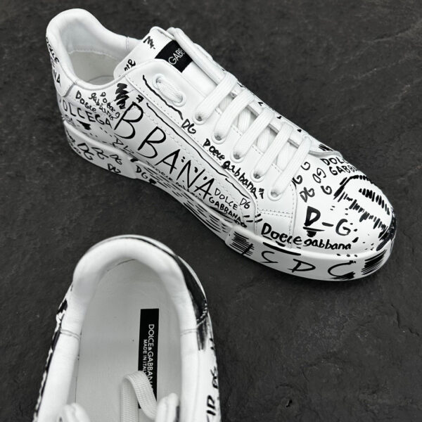 3 D&G Full Black Graffiti Logo Print White Leather Low Top Casual Sneakers