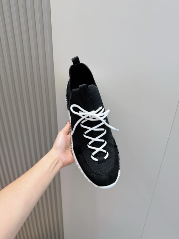 3 Hermès Black Knit and Suede Low-Top Sneakers with White Laces and Treaded Sole