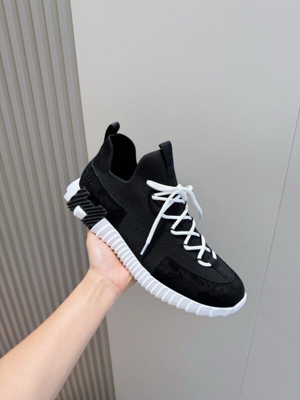 4 Hermès Black Knit and Suede Low-Top Sneakers with White Laces and Treaded Sole