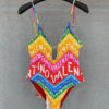 Valentino Rainbow Chevron Logo Print V-Neck One-Piece Swimsuit