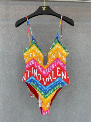 4 Valentino Rainbow Chevron Logo Print V-Neck One-Piece Swimsuit