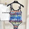 4 Chanel Multicolor Logo Print One-Piece Swimsuit with Bow Straps