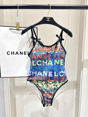 4 Chanel Multicolor Logo Print One-Piece Swimsuit with Bow Straps