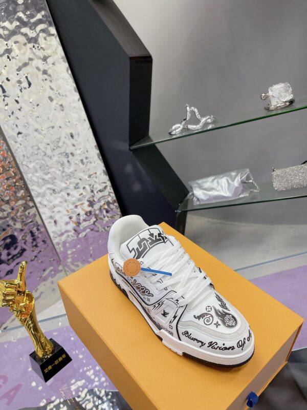 5 Custom LV Trainer White Black Hand Drawn Graffiti Print Luxury Casual Sneakers