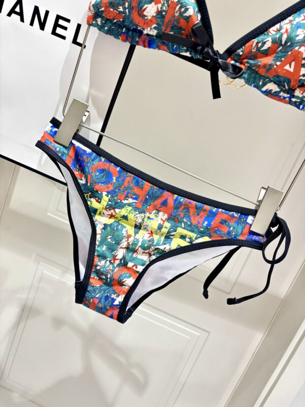 5 Print Halter Triangle Two-Piece Bikini Swimsuit Chanel Multicolor Logo