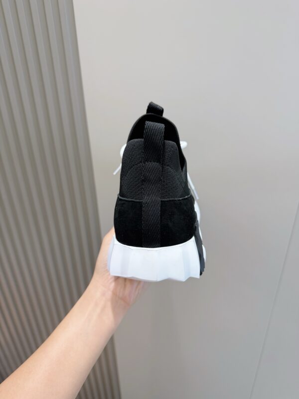 5 Hermès Black Knit and Suede Low-Top Sneakers with White Laces and Treaded Sole
