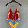 Valentino Rainbow Chevron Logo Print V-Neck One-Piece Swimsuit